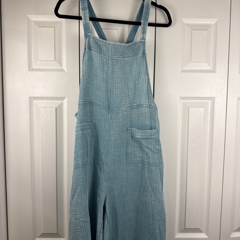 Zenana Dusty Teal Washed Double Gauze Wide Leg Overalls NWOT BOHO